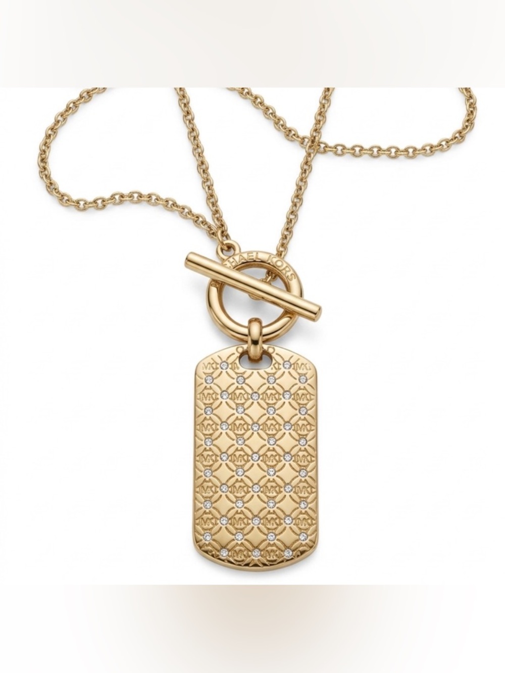 Michael Kors Gold Tone Crystal Pavé Monogram Dog Tag Toggle Necklace